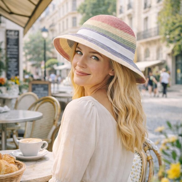 Isaac Mizrahi Pastel Striped Sun Hat | Wide Brim Summer Beach Hat main image 7